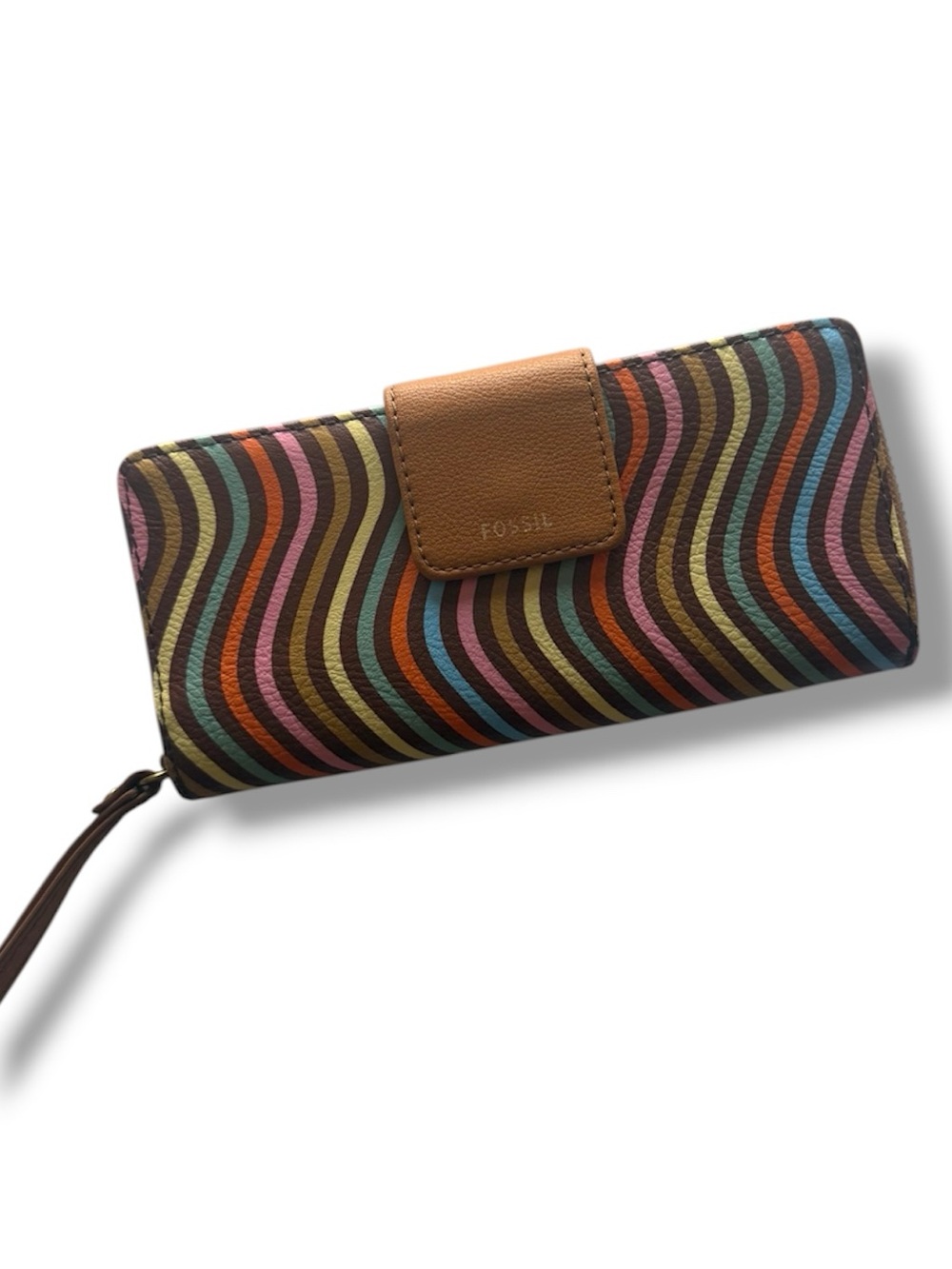 Fossil Multicolor Wave Stripe Leather Wrist Wallet with Tan Tab Boho Brown Zip